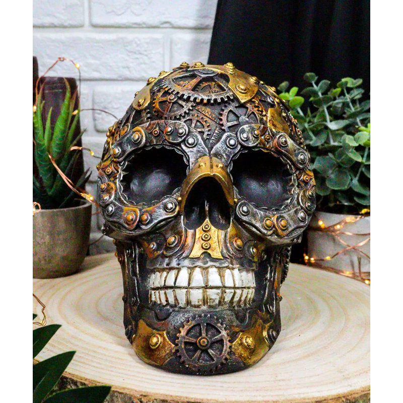 The Holiday Aisle® Steampunk TimeSystem Time Machineed Nuts Gears Bolts Gearwork Robotique Cyber Android Figurine de crâne hybride humain Terminator Sci Fi Mécanisme de crâne Crâne Design squelette