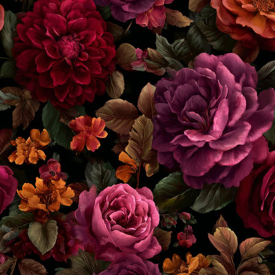 Peel and Stick Wallpaper Dark Romantic Floral Seamless Burgundy Roses Magenta Blossoms Orange Contact Paper Removable Self Adhesive Wall Mural Wall Decor for Bedroom Kitchen Cabinets 24in x 118in