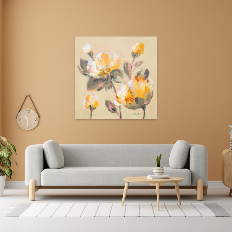 Art contemporain avec pivoines en fleurs et fleurs beiges, H 48 po x l 48 po