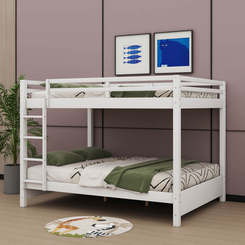 Queen-Over-Queen Wooden Bunk Bed With Ladder & Guardrail, Perfect For Kids, Teens & Adults, White