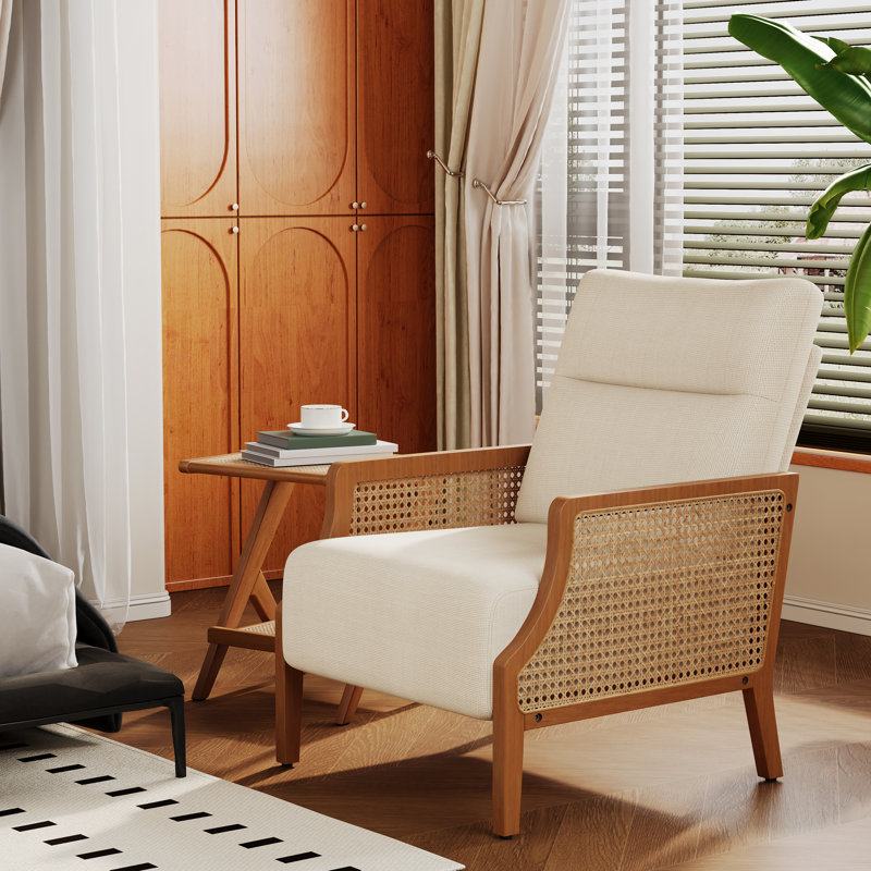 Upholstered Accent Chair With Rattan Arms And Solid Wood Legs, Ivory