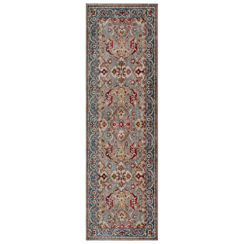 Tapis oriental performance Bisen, Tapis de couloir 2 pi 6 po x 14 pi, Taupe / Bleu