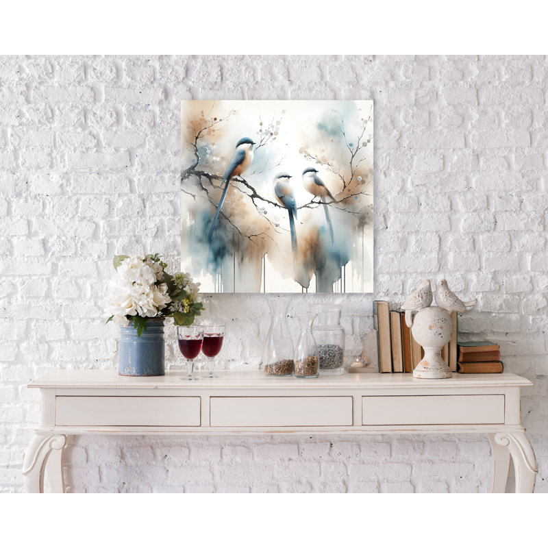 «Tranquil Elegance: Whimsical Birds on a Watercolor Branch», reproduction d'art, H 20 po x l 20 po x P 1,5 po