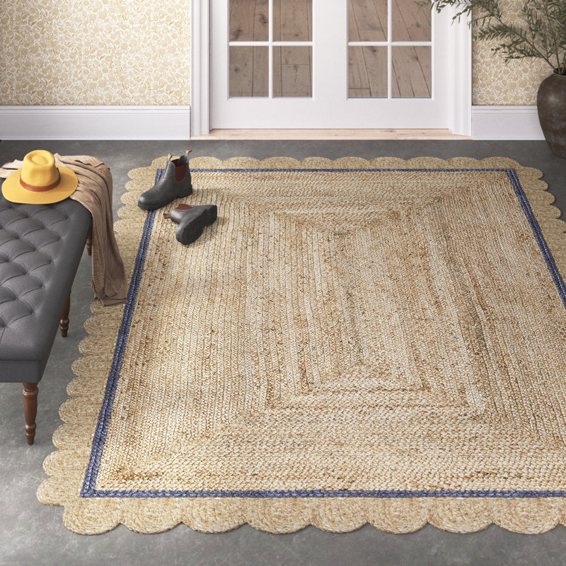 Damask Jute Area Rug for Dining Room Living Room Kitchen, Blue/Ivory, Rectangle 7'6" x 9'6"