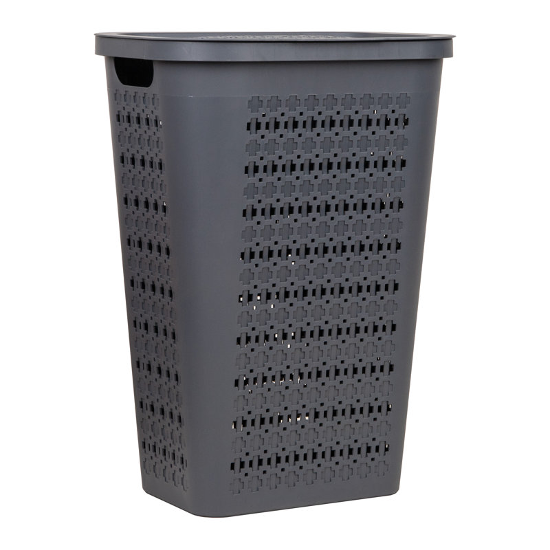  Panier à linge mince et effilé avec couvercle, panier à linge avec découpes en croix, léger et ventilé, plastique, gris