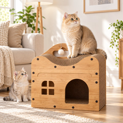 Multi-Functional Wooden Cat Scratcher House, Cardboard Cat Scratch Lounge Bed with Hideaway Cave & Hanging Toy, Indoor Cat Furniture for Kittens and Adult Cats