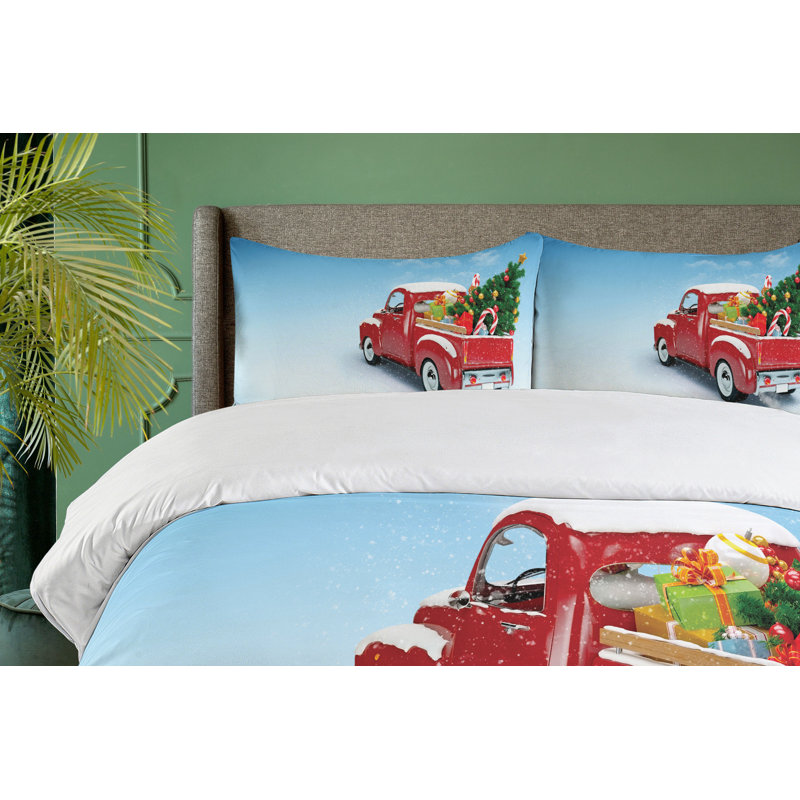 Twin Red and Blue Christmas Truck Duvet Cover Set