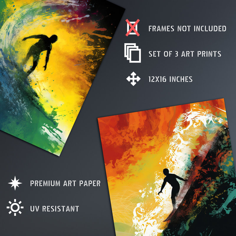 Surfing At Sunset Bright Action Seascape Aesthetic - 3 Piece No Frame Print Set, 40.5cm H x 30.5cm W x 0.3cm D