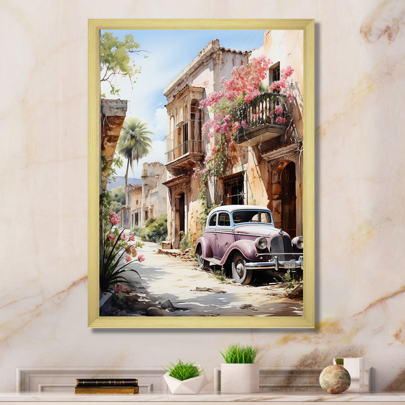 «Drumnahoe» rose beige, Mexique, charme colonial, aquarelle I - impression, H 32 po x l 24 po x P 1 po, Encadrement doré