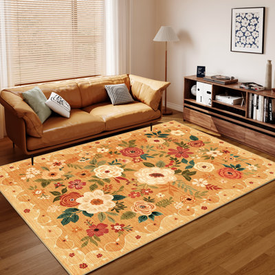 Tapis 8 x 10, tapis floraux pour le salon, tapis lavable léger antidérapant, tapis d'intérieur à poils courts et antidérapants Boho pour chambre à coucher, salon, salle à manger, orange
