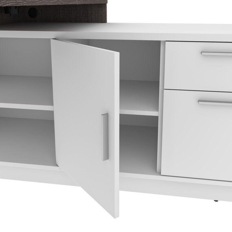 Bureau de direction en L réversible Girardi avec prises intégrées, Gris foncé / Blanc