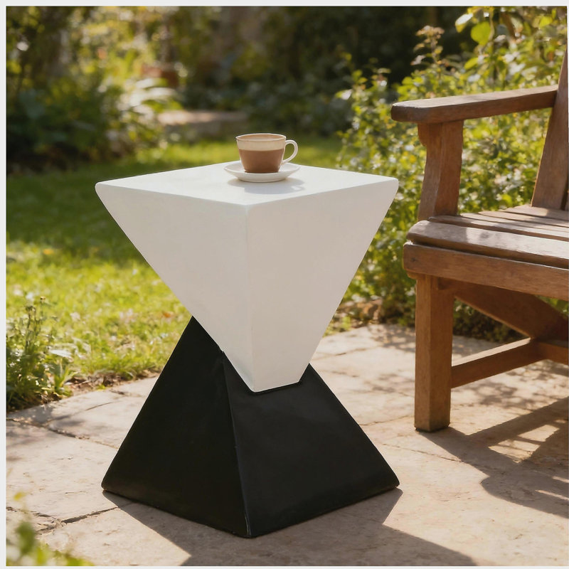 Modern Geometric MGO Side Table - Black & White Two Tone Indoor Outdoor End Table for Living Room, Patio, Garden, 18'' H x 12.5'' Base