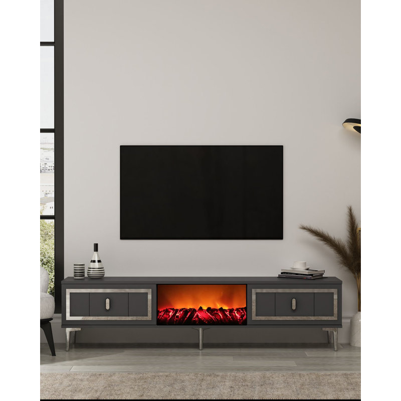 Meuble télé moderne, anthracite et argent, 59,1 po x 17,6 po x 11,6 po | 100% panneau de particules enduit de mélamine, épaisseur: 0,7 pouce | Conception murale, élégante et durable | Parfait pour le salon et les espaces de divertissement
