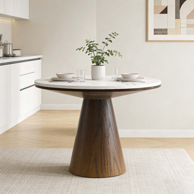 White Marble Print Round Pedestal Dining Table, Retro Cone-Shaped Polywood Base Table For 2-4 People, 300 LBS Weight Capacity