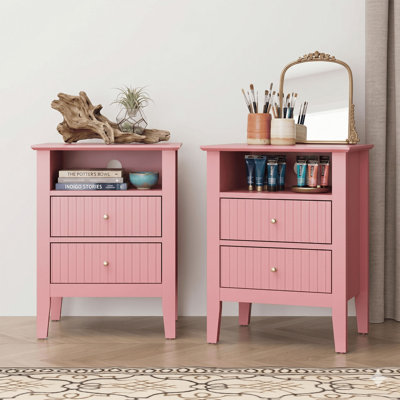 Ensemble de table de chevet 18 po à 2 tiroirs cannelés 18 po, rose moderne avec rangement