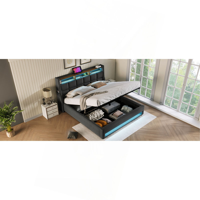 Lit plateforme tapissier double avec système de rangement hydraulique, chargement DEL et USB, gris (sans matelas), Gris