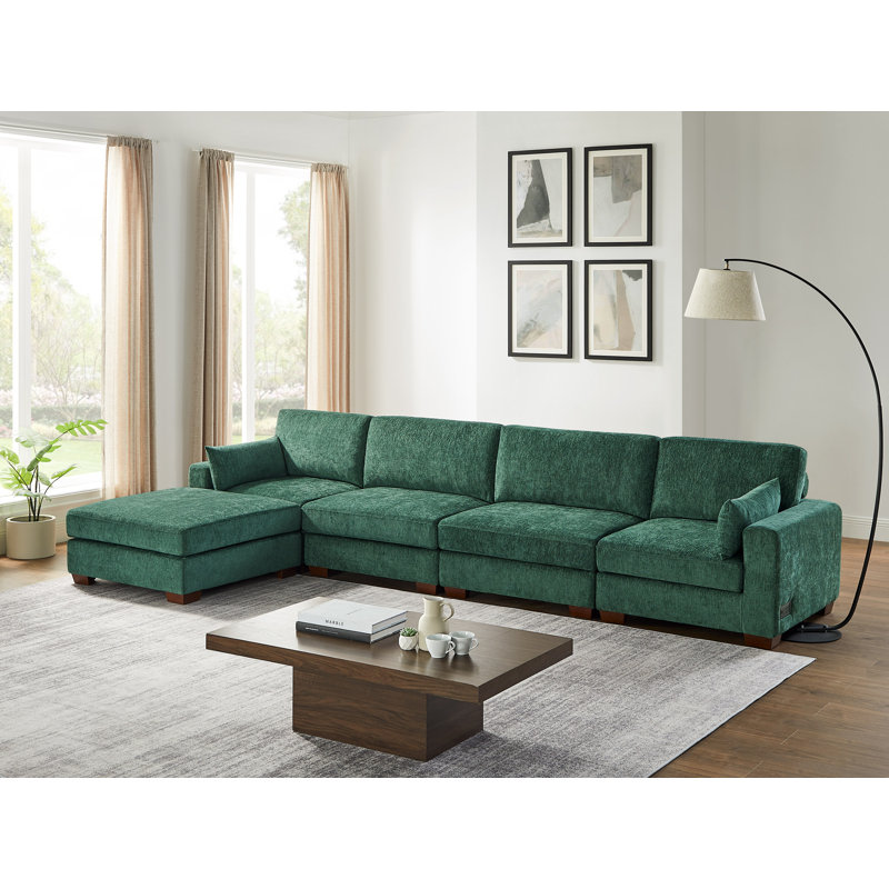 Canapé modulaire rembourré 5 pièces avec 2 ports USB et 1 repose-pieds portatif Chayten, Polyester vert