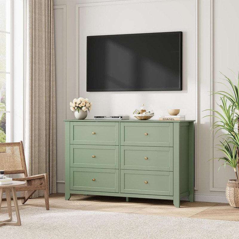 6-Drawer Dresser with Lacquer Finish & Metal Knobs, Large Modern Wood Chest for Bedroom, Entryway, Hallway