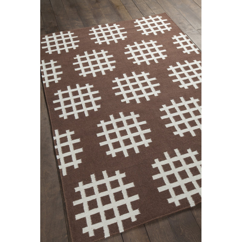 Chevella Authentic Flatwoven Handmade Brown & White Reversible Modern Geometric Grid Wool & Cotton Area Rug, 7' x 10'