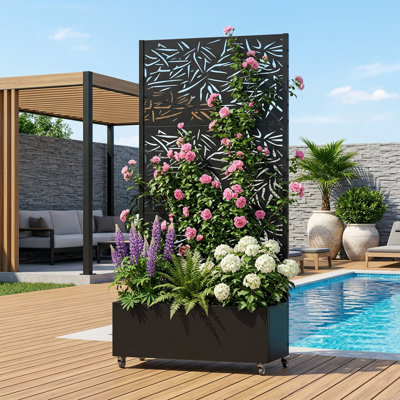 Boîte à fleurs en métal avec treillis et roues