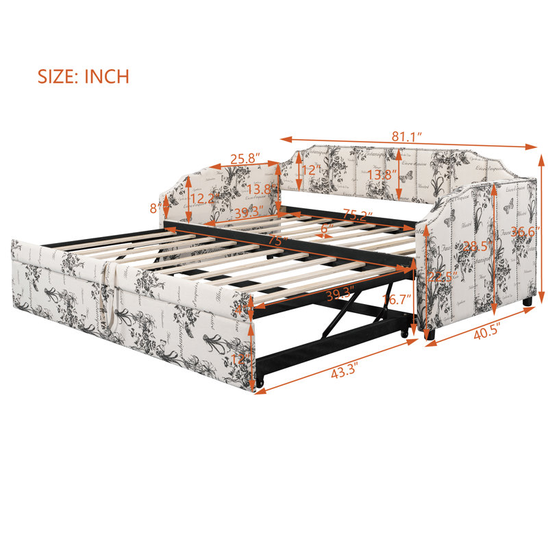 Twin Tufted Upholstered Daybed With Trundle And Usb Ports, Botanical Print