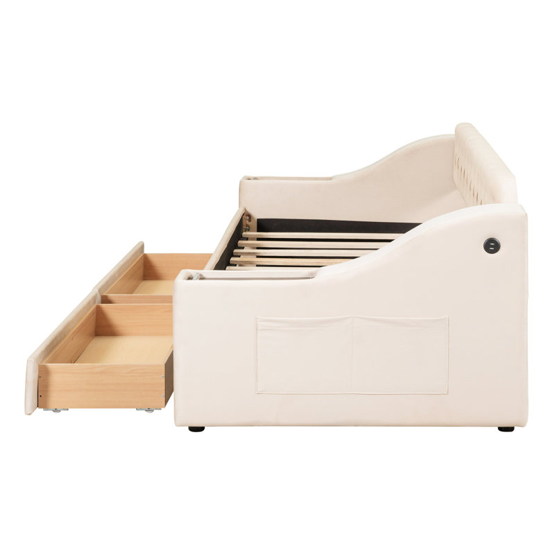 Beige Upholstered Twin Daybed With Armrest Storage And Socket Size In Tone, Beige