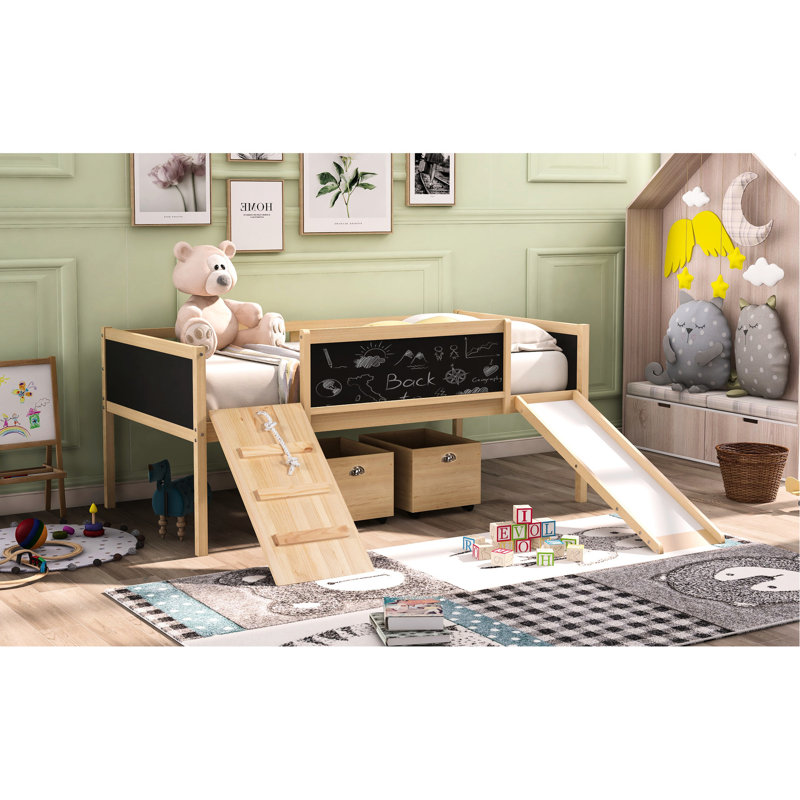 Lit mezzanine simple - Bois de pin, grimpeur, glissade et bac de rangement, Naturel