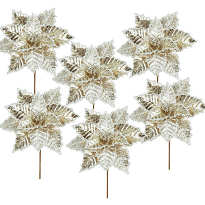 Faux Poinsettia Stem   Set of 6   11"Dia. x 20"H   Golden/Silver