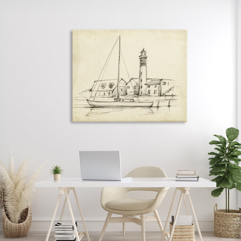 Phare et bateau, toile par Ethan Harper, H 30 po x l 40 po