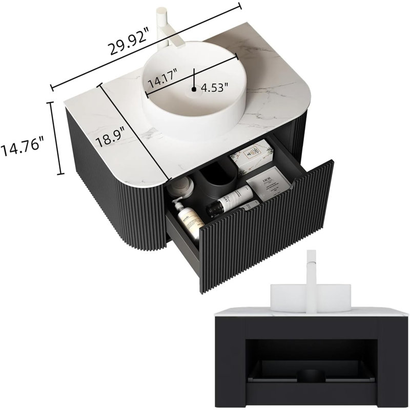 Meuble-lavabo flottant 30 po avec lavabo et lavabo en céramique ultra-mince, pré-assemblé, noir brillant