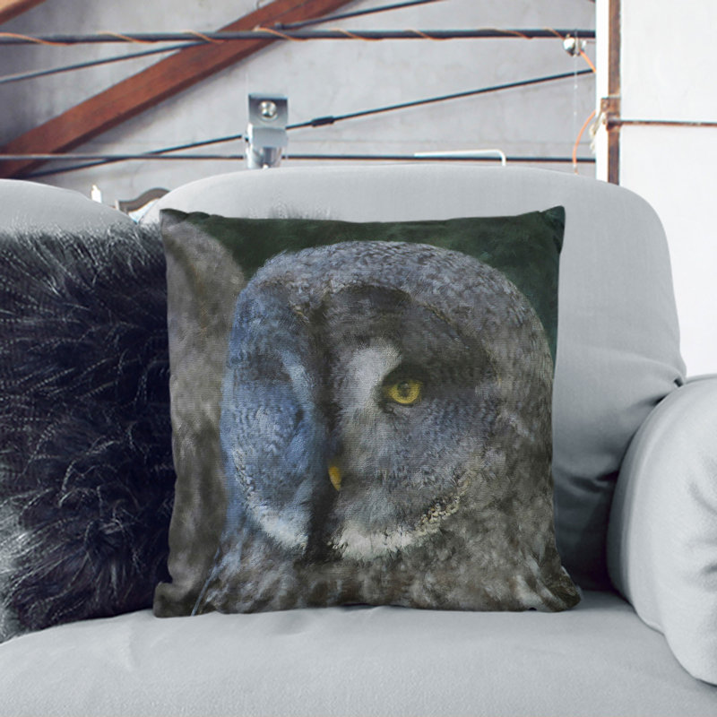 Great Grey Owls Painting Square Throw Cushion, White, 40cm H x 40cm W x 15cm D