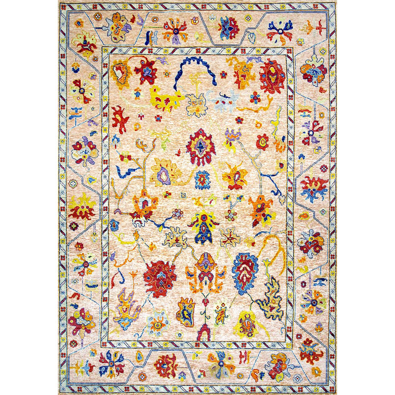 Tapis beige et beige noué à la main de haute qualité, Rectangle de 10 pi x 14 pi