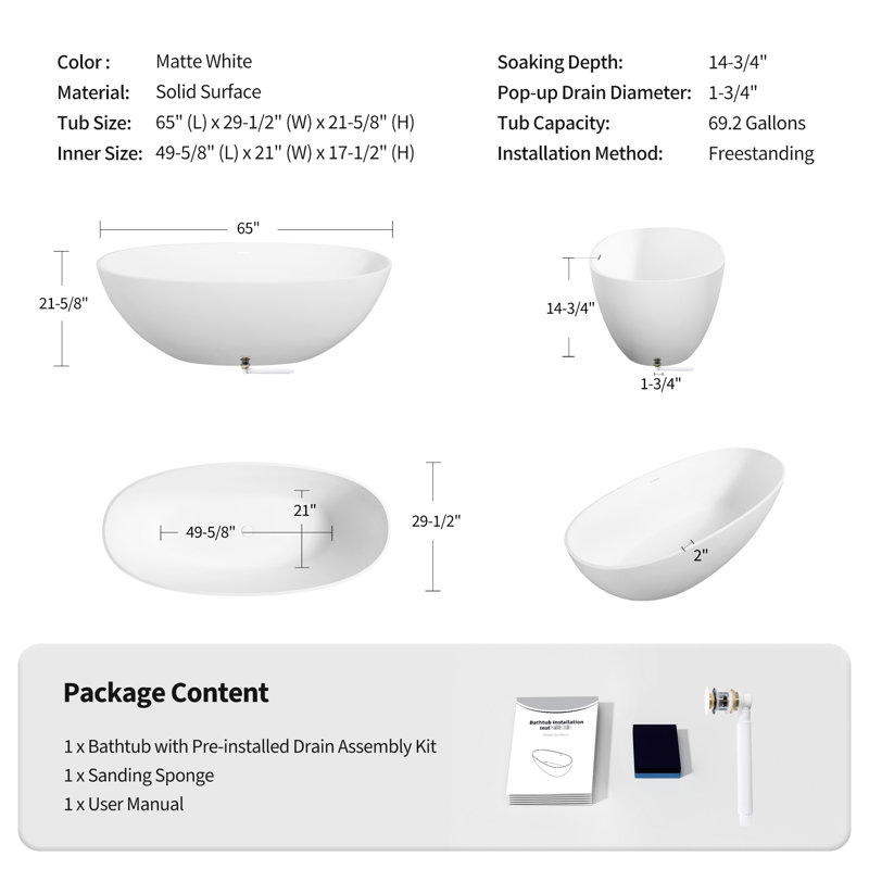 Baignoire de trempage autoportante en résine de luxe de 65 po en blanc mat - Design ergonomique, installation stable de longue durée, look moderne