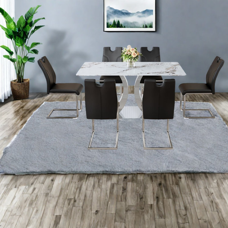 Ensemble de table de salle à manger moderne en acier inoxydable avec plateau en verre et 6 chaises