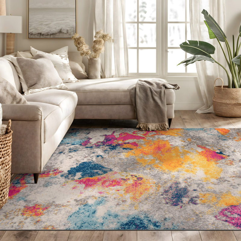Noires Abstract Ivory/Gray/Blue Area Rug, Rectangle 5' x 7'