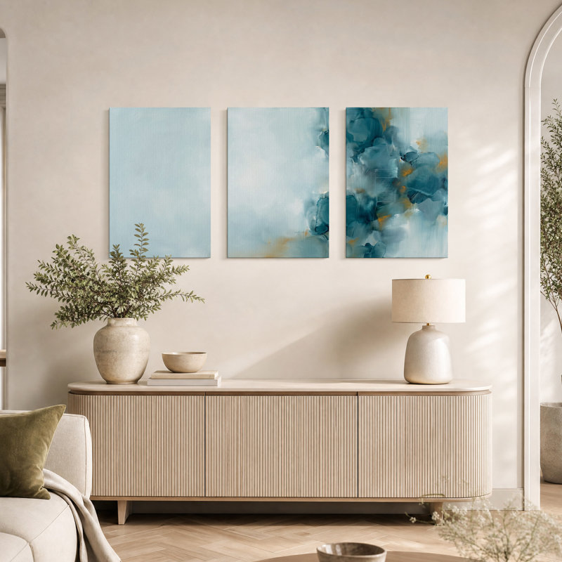 Ensemble de 3 toiles murales abstraites avec des coups de pinceau turquoise et or, 18"H x 12"W x 3pcs