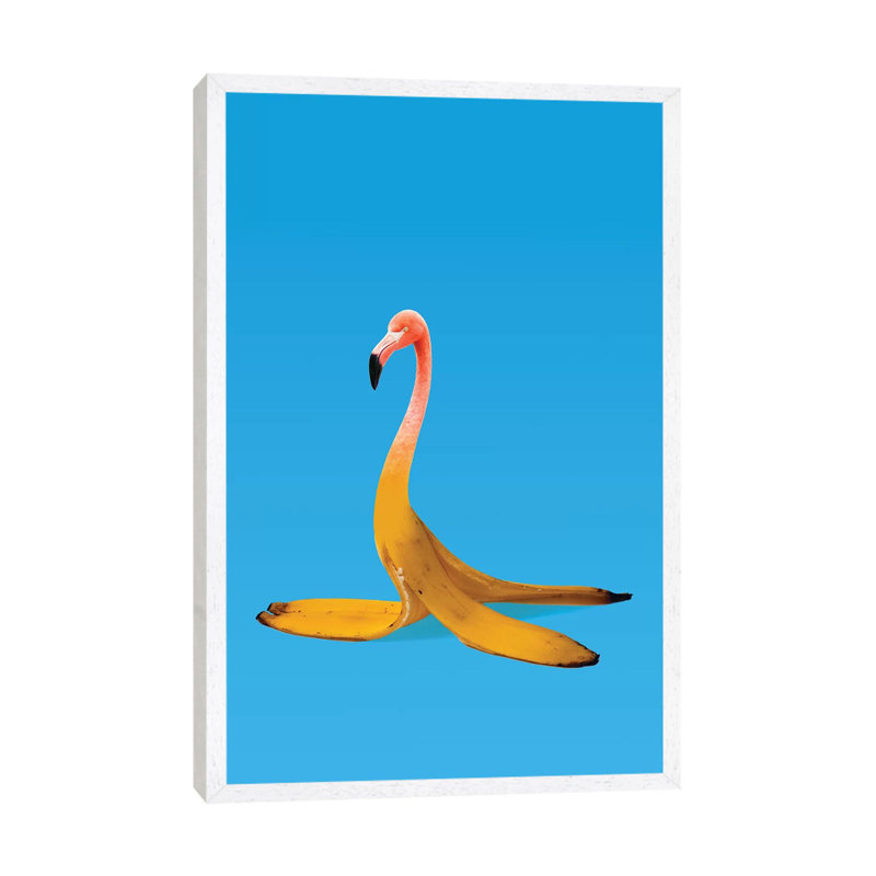 Flamingo Banana by Ali Gulec - Floater Frame Print on Canvas, 66.04 cm H x 45.72 cm W, White Framed Canvas