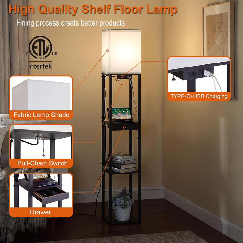 Modern Corner Floor Lamp With 4-Tier Shelves, USB Charging Ports, Power Outlet & Drawer, Adjustable LED Light, Black Wooden Standing Lamp For Living Room, Bedroom, Office