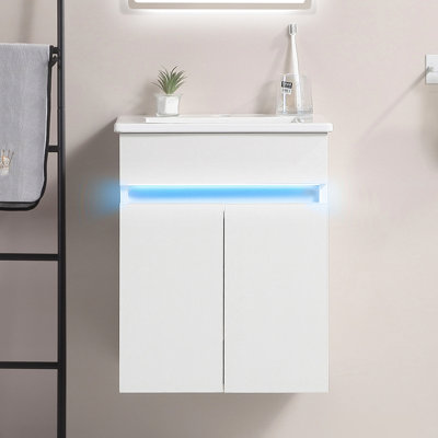 16" Bathroom Vanity With Ceramic Sink, Wall Mounted. White, Abundant Storage Space. Radar Sensing . . Modern Cabinet. Assembly Required Sink 16", White Mounted For Small Bath Spaces. Features And