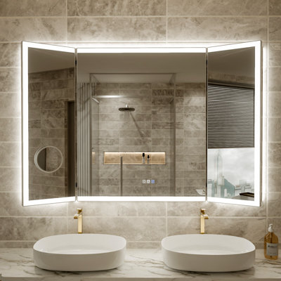 36" x 54" Tri-Fold LED Bathroom Vanity Mirror, Anti-Fog, 3 Light Modes, Foldable Wall-Mounted with Magnifier
