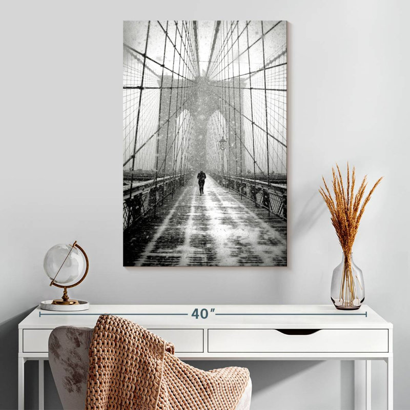 Aime, marcheur de New York à Blizzard - pont de Brooklyn, H 30 po x l 20 po