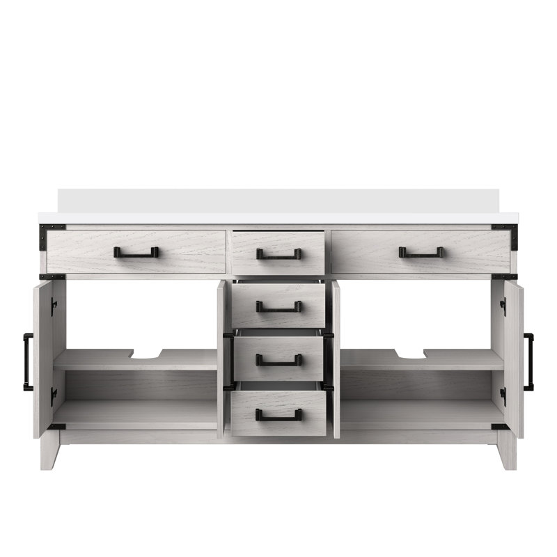 Plateau de meuble-lavabo double l 60 po x P 22 po Laurel, Chêne blanc, Quartz blanc