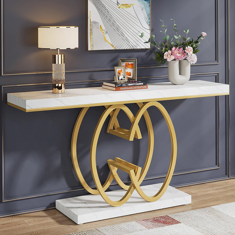 Console de 55 pouces en faux marbre avec base géométrique dorée, décor moderne étroit pour le vestibule et le salon
