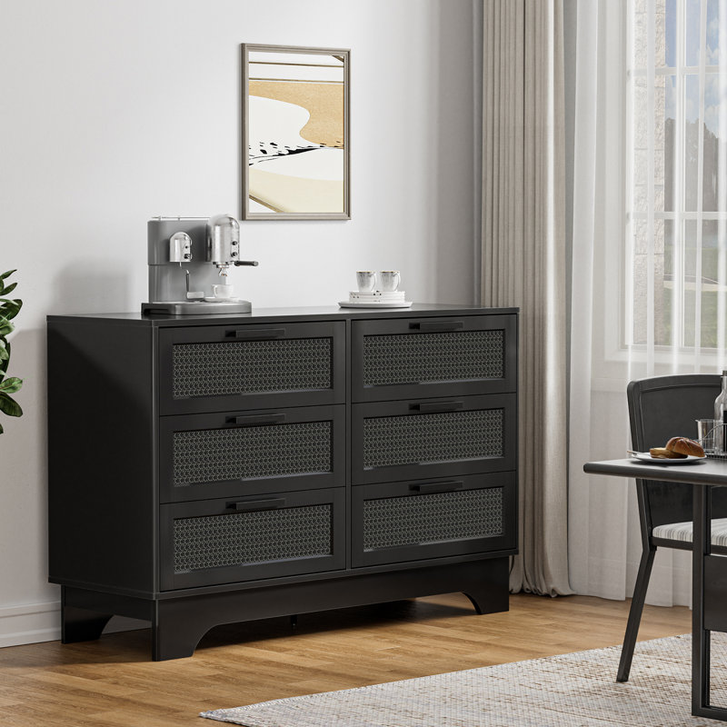 Commode Quinnesha 47 po L 6 tiroirs, commode noire avec pieds solides pour chambre à coucher