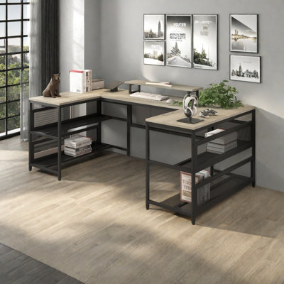 Bureau en forme de U avec prises de courant et support à bande et moniteur à DEL, bureau en forme de L avec tablette de rangement, bureau de jeu pour bureau à domicile, rétro