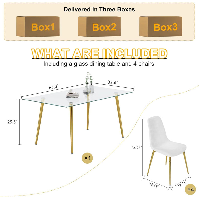 Glass Top Four Leg Dining Set, 5 Pieces: Table, 4 Chairs, 29.5" H x 35.4'' L x 63'' W, Gray/Gold