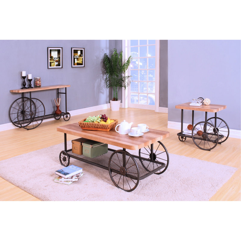 Industrial Style Rectangular Accent Table In Oak And Antique Grey, Bottom Shelf For Open Storage Living Area, 16.5 Inches Wide Grey With Metal Wheels, Ideal 48.5