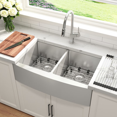 Blenzia 36 Inch Double Bowl 16 Gauge Stainless Steel Farmhouse Apron Front Kitchen Sink 36" x 21" x 10"