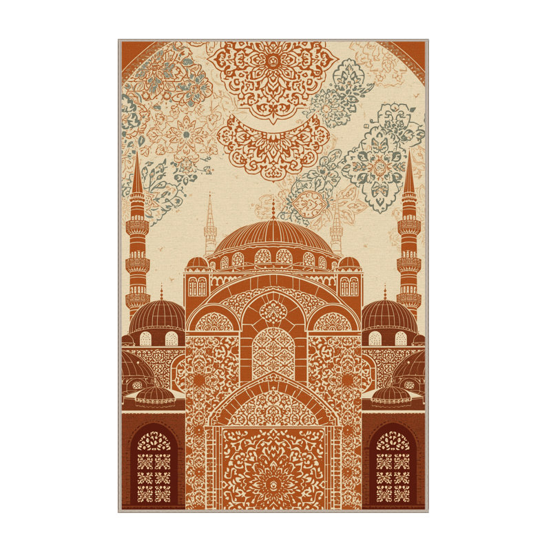 Machine Washable Paublo Istanbul Blue Mosque Classic Oriental Rug in Beige – Beige Binding, 3x5
