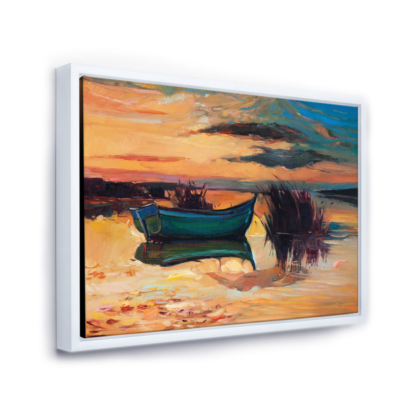 «Boat Pendant Evening Glow At The Lake I», peinture sur toile, H 16 po x l 32 po x p 1 po, Cadre flottant blanc